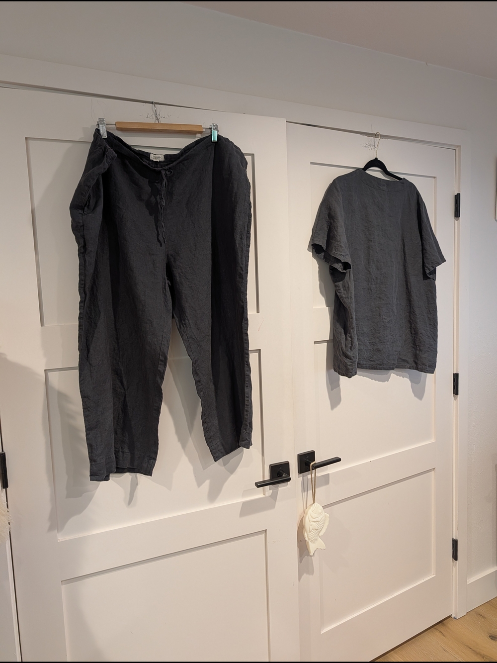 Gray Linen Two-Piece Set PJs - Relaxed Tee & Drawstring Pants